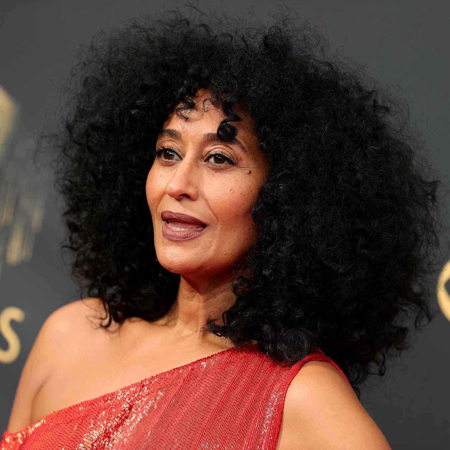 Tracee Ellis Ross wears a voluminous, curly shoulder-length hairstyle with face-framing layers