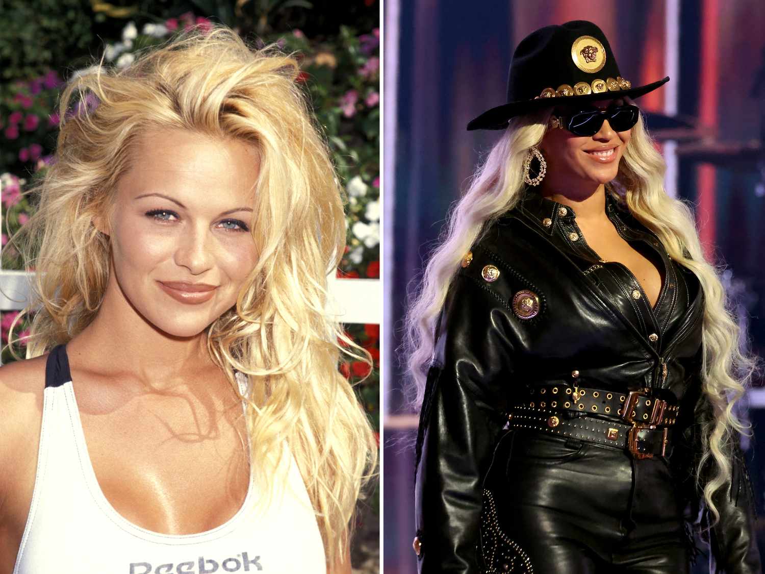 Side-by-side photos of pamela anderson and beyonce wearing blonde hair