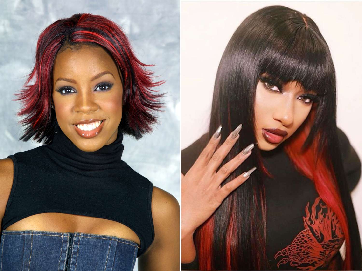 side by side photos of kelly rowland and megan thee stallion wearing fiery red highlights