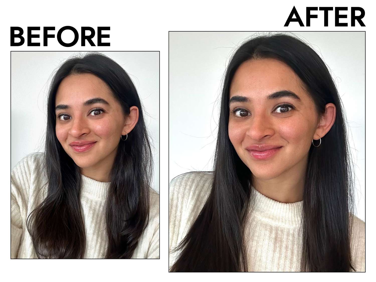 A person before and after styling their hair with the Moroccanoil Protect & Prevent Spray