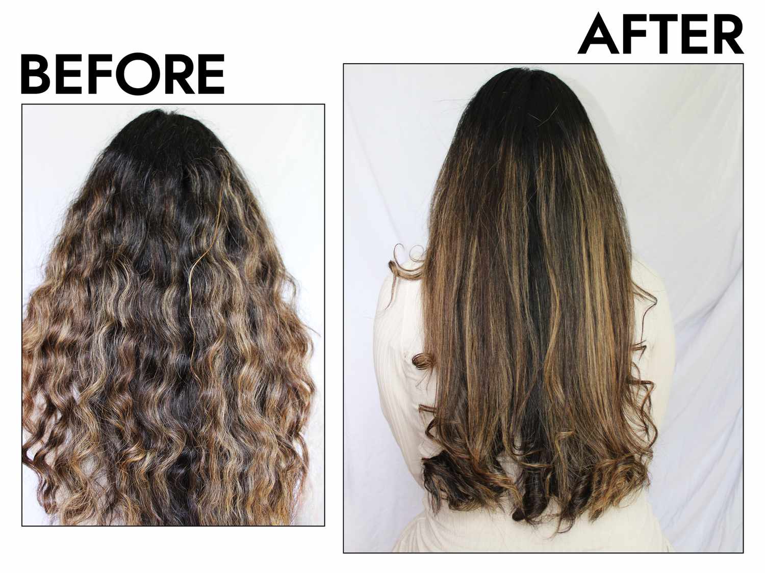 A person before and after using the Bumble and bumble Bb. Heat Shield Thermal Protection Hair Mist