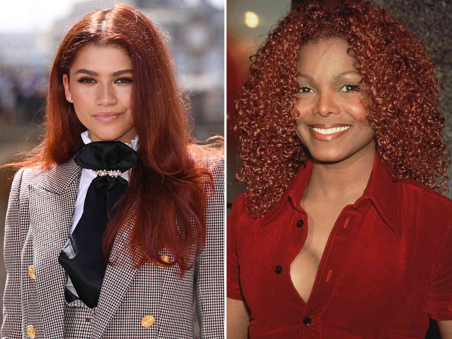 side by side photos of zendaya and janet jackson wearing cinnamon-colored hair