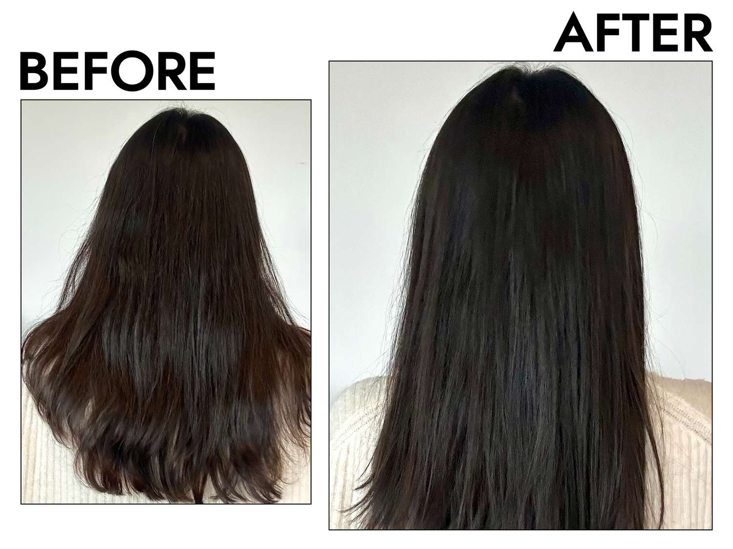 A person before and after using the Moroccanoil Protect & Prevent Spray