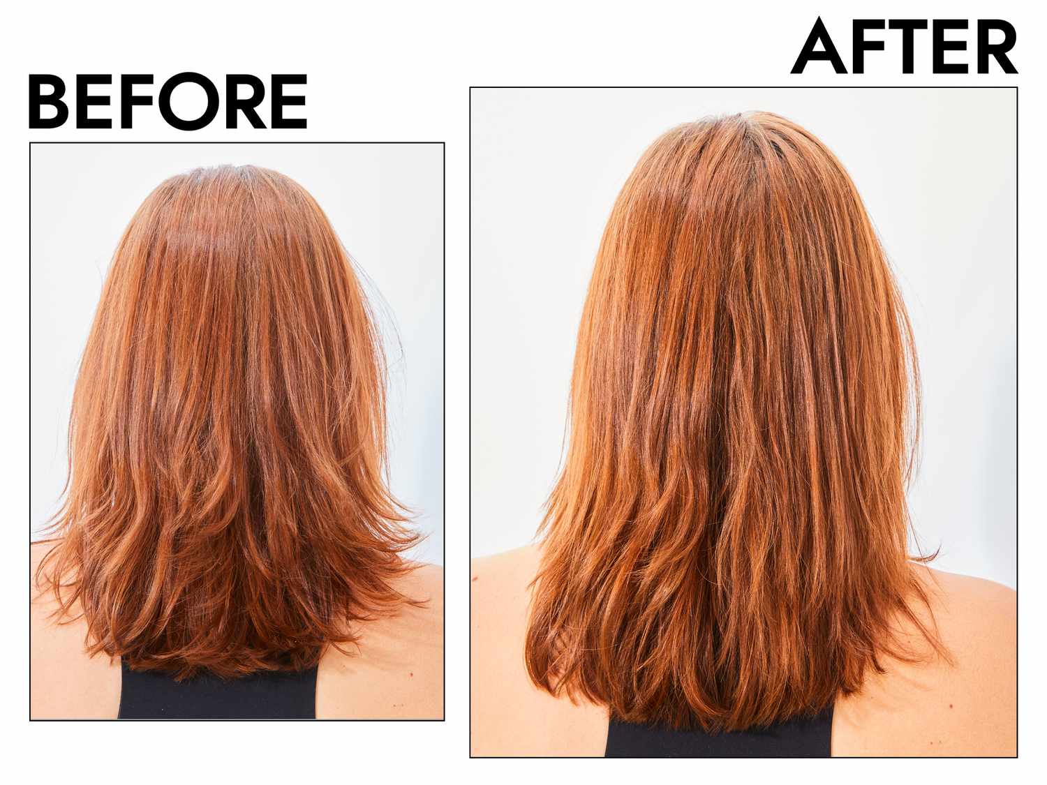 The back of a head with red hair before and after using a heat protectant