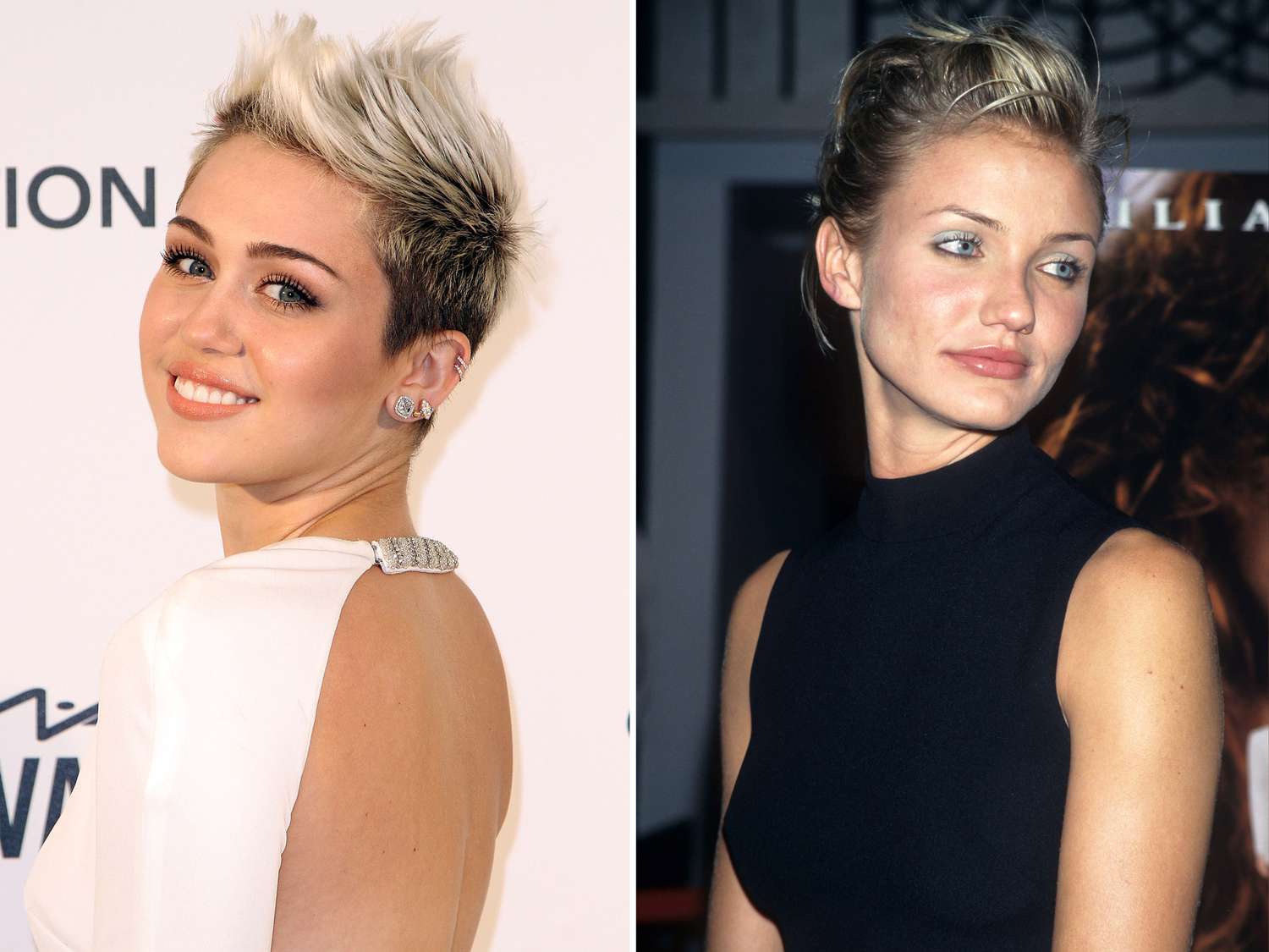Side by side photos of miley cyrus and cameron diaz wearing frosted tips