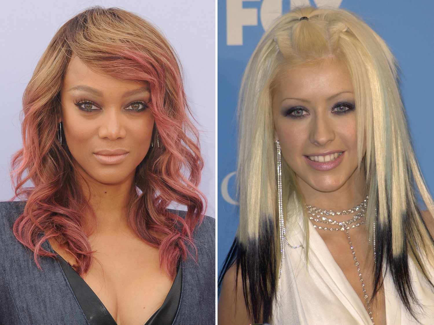 side by side photos of tyra banks and christina aguilera with dip dye ends