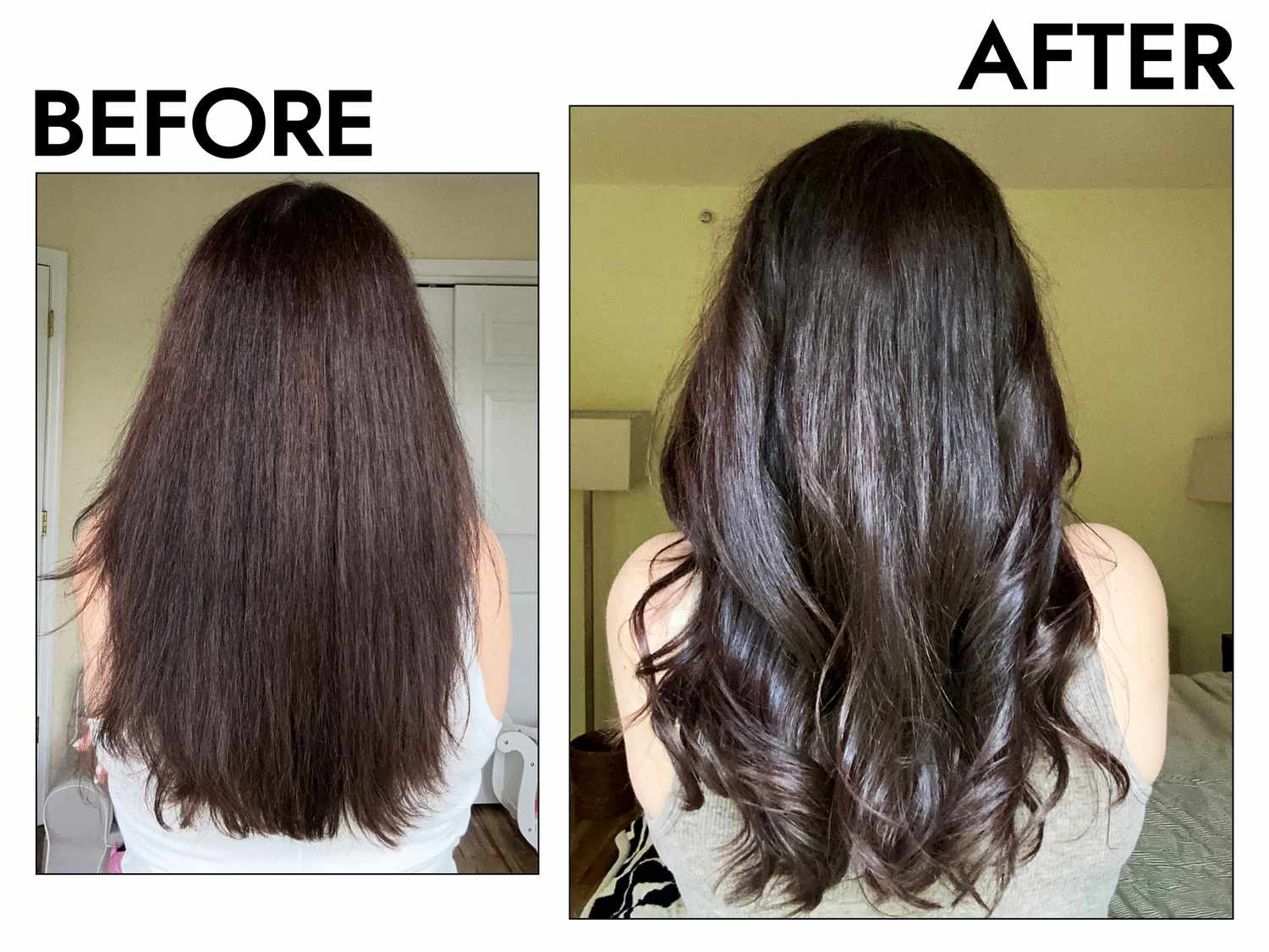 A person's hair before and after styling with the KÃ©rastase Genesis Heat Protecting Leave-In Treatment for Weakened Hair